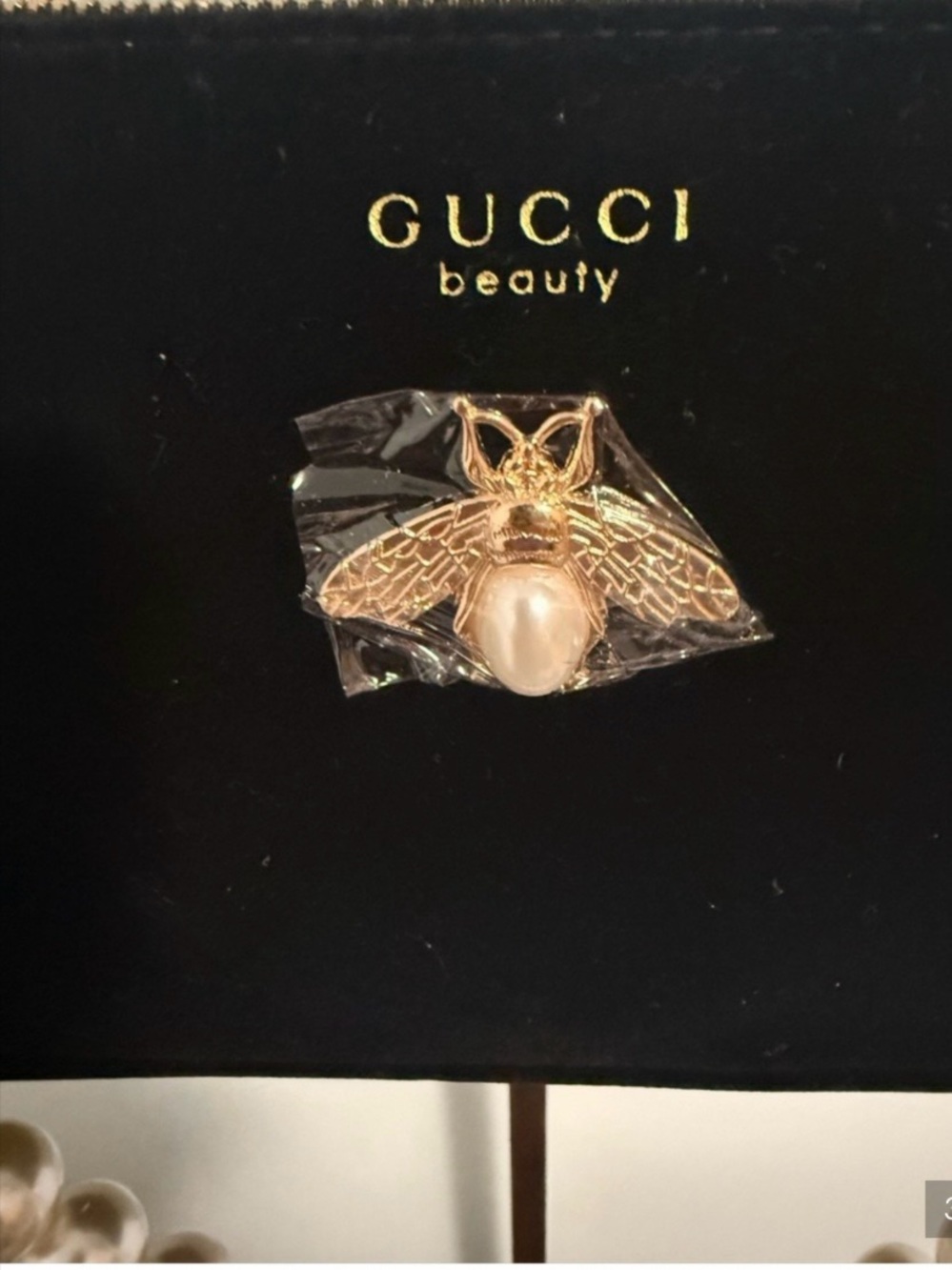 Gucci Beauty Velvet Black Cosmetic Pouch With Gold Handles and a Pearl Drop - Picture 10 of 11